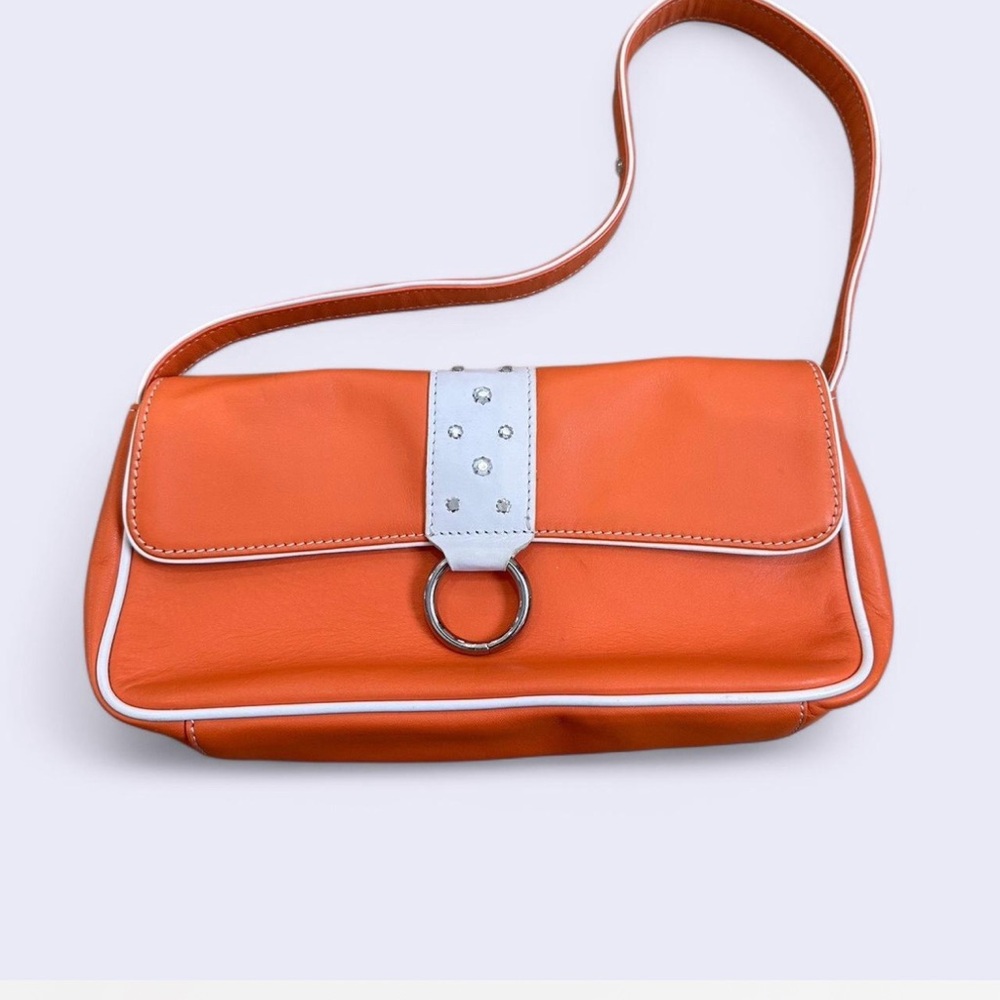 Danier orange and white shoulder bag with rhinestone accents